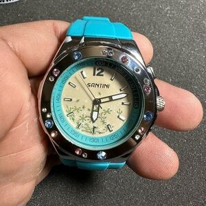 Santini Ladies Quartz Watch Analog Silver Tone Rhinestone Accent Blue Band Worki
